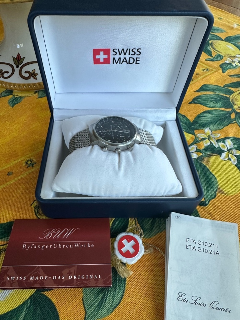 Byfanger Uhren Werke Swiss Made black chronograph watch featuring mesh band VGUC - Picture 4 of 8